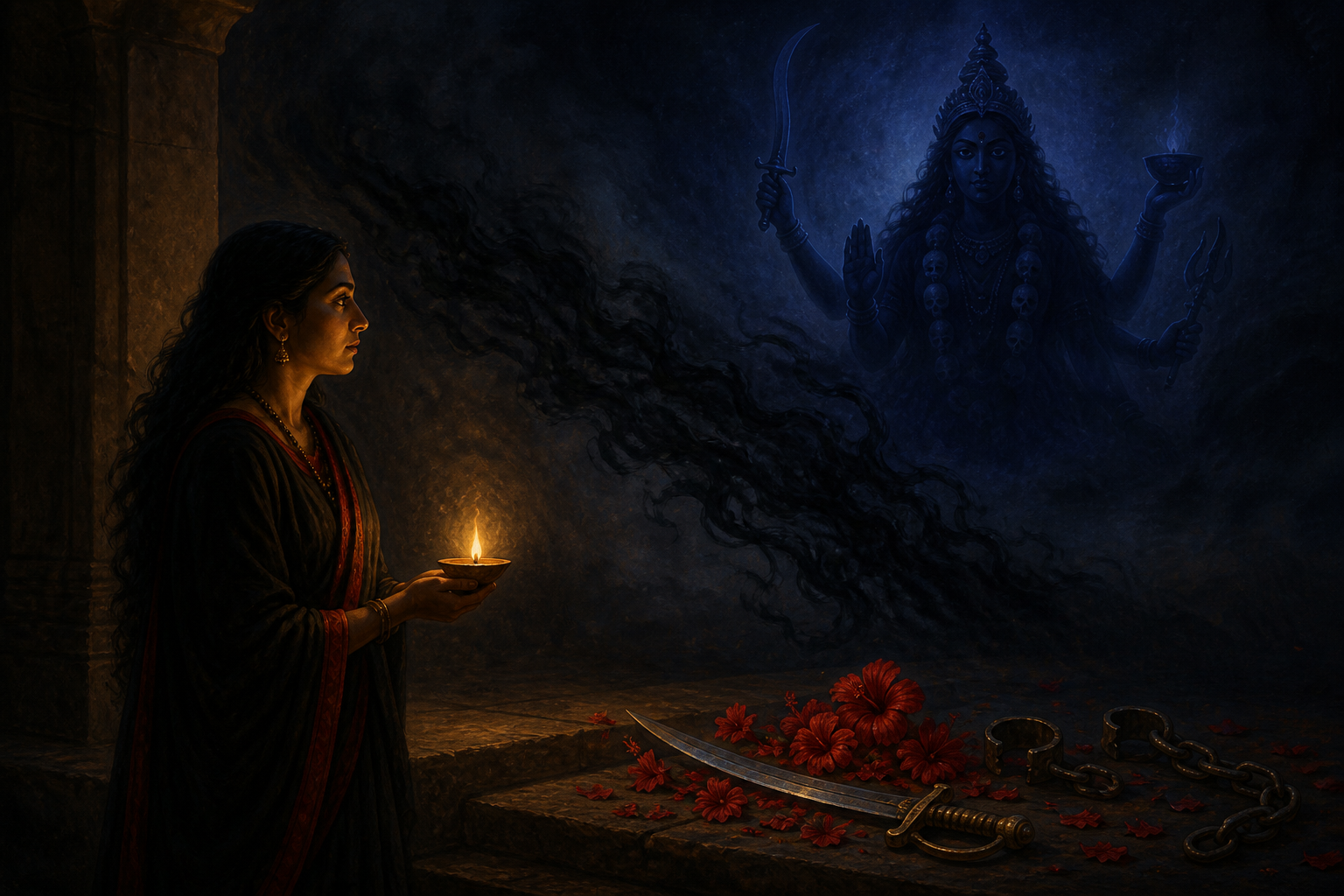 A devotee faces a dark threshold by lamplight as black mist recedes beside hibiscus flowers, an open chain, and a symbolic ritual sword, with a subtle silhouette of Kali above.
