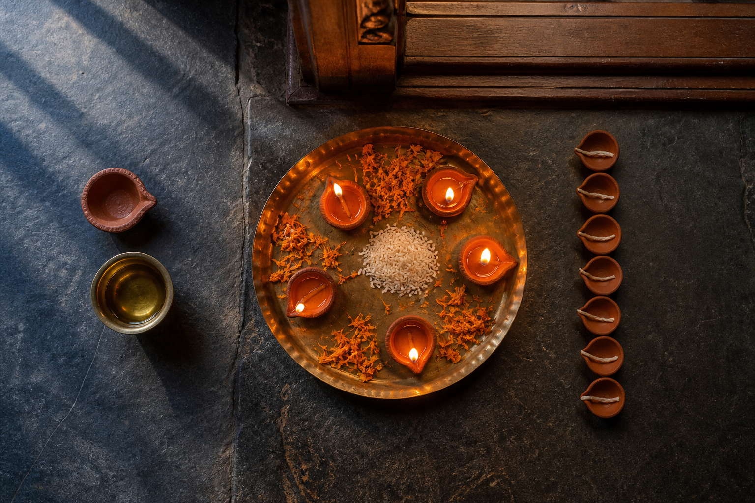 Three separate arrangements show a dawn lamp, an evening household puja setting, and a row of clay lamps prepared for Kartik offerings.