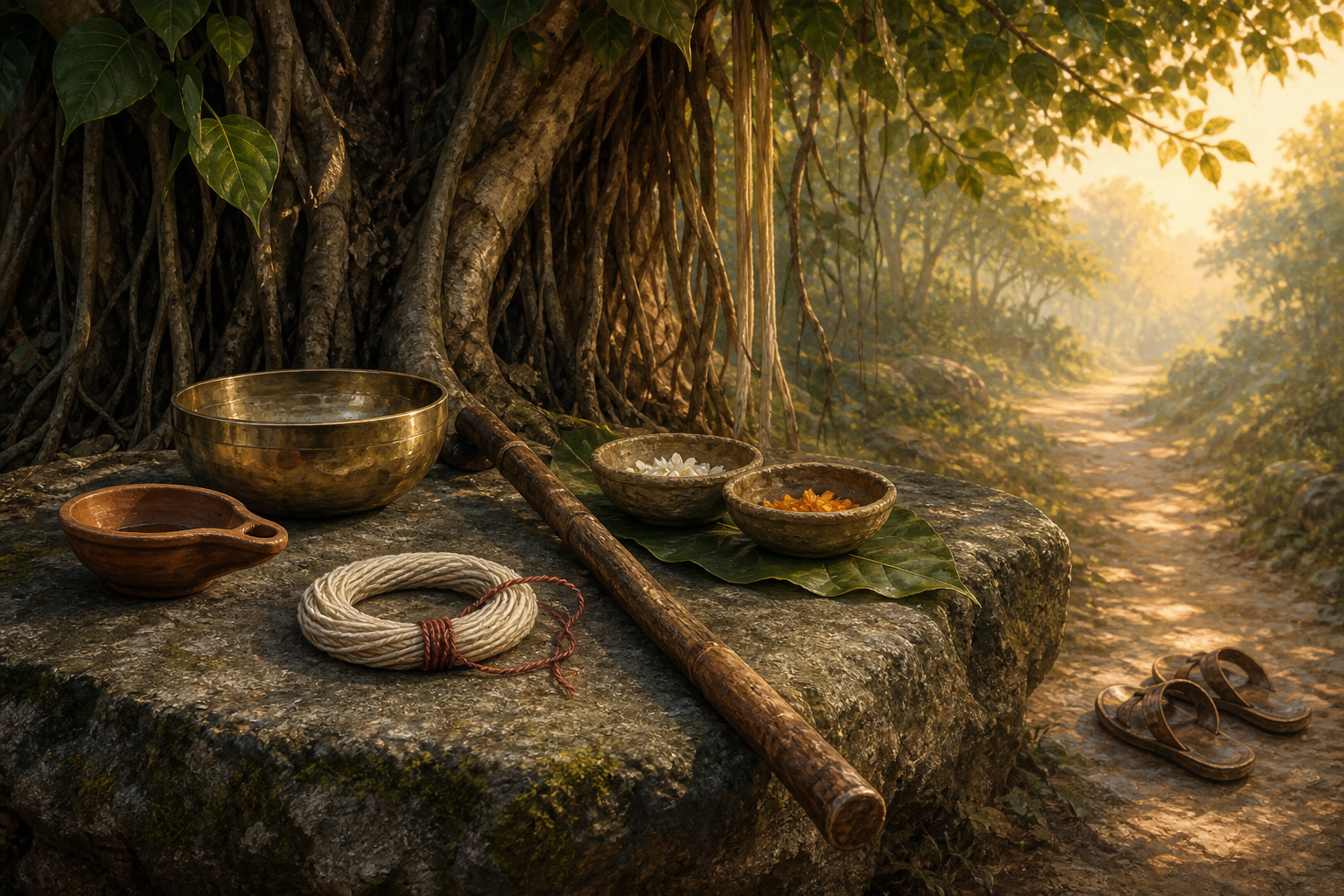 A clay lamp, bronze bowl, sacred thread, walking staff, offering bowls, and sandals rest beneath a banyan tree beside a forest path.