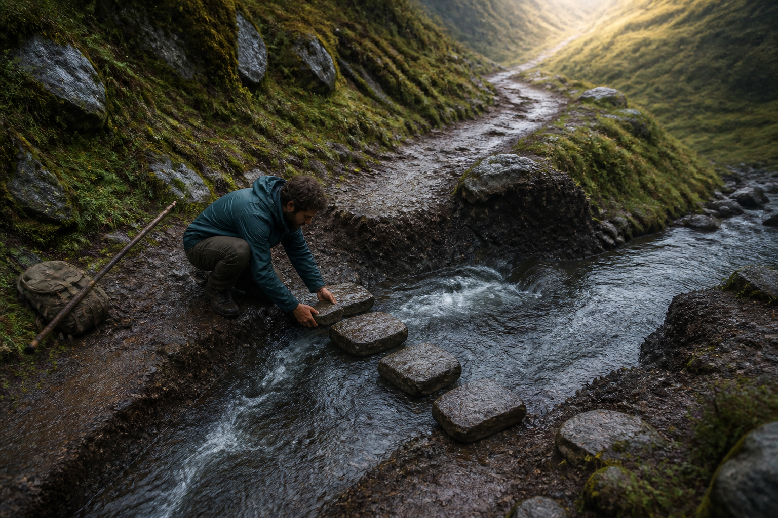 A traveler places flat stones across a stream that has washed through a mountain path.