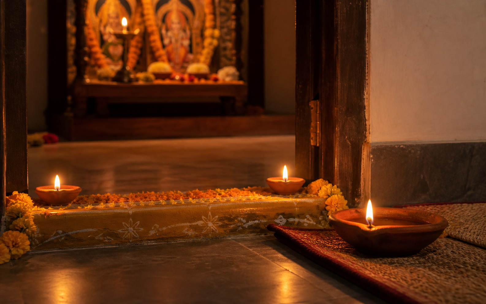 Clay lamps are placed separately at a home shrine, an entrance threshold, and a family prayer area.