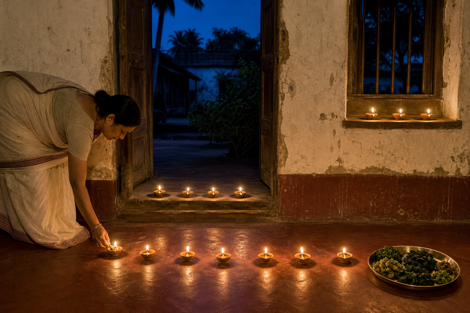 A woman lights the last of fourteen earthen lamps arranged across the floor, doorway, and window ledge of a Bengali home on Bhoot Chaturdashi.