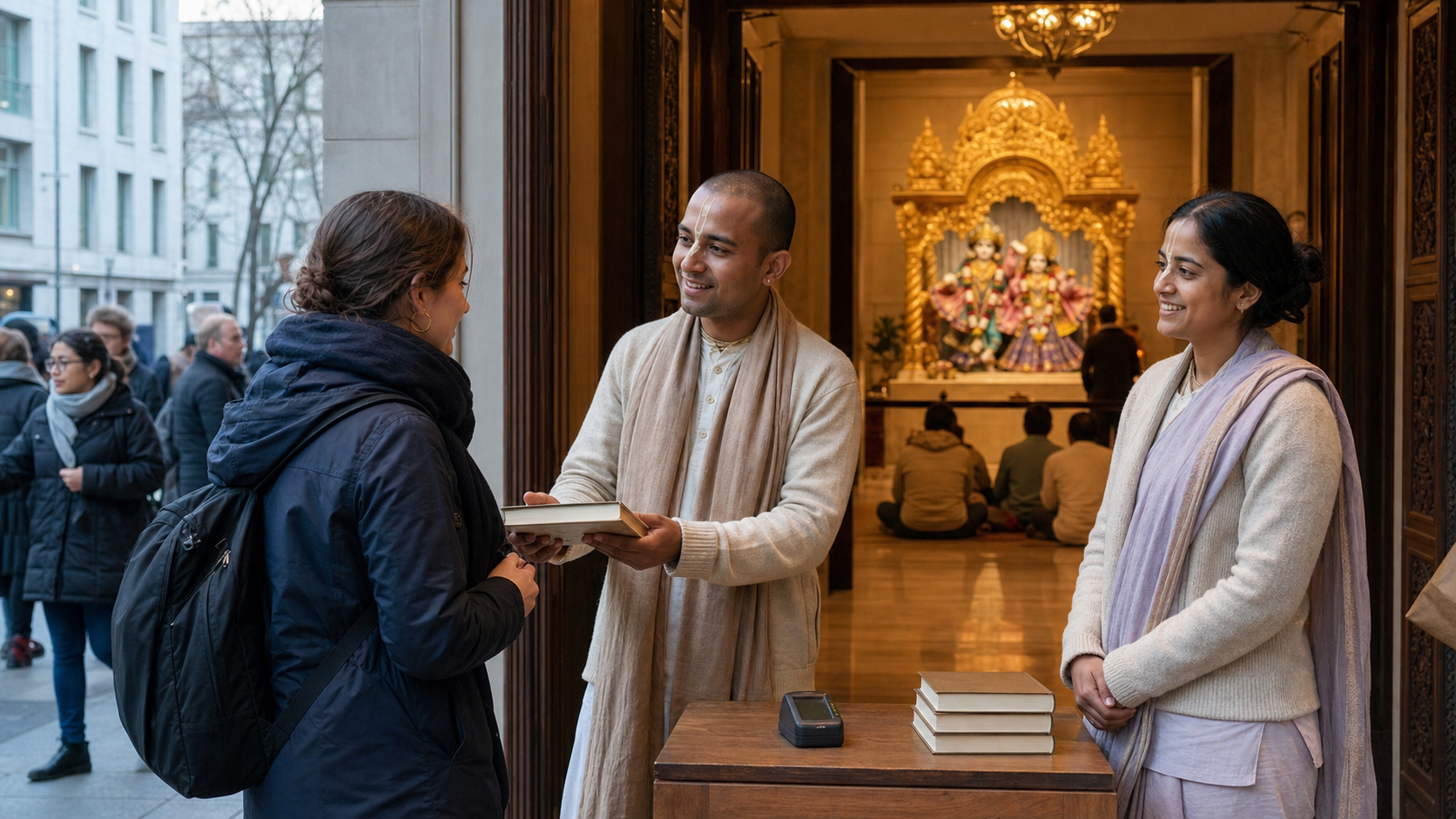Devotees welcome city visitors with spiritual books outside a temple while a softly lit Krishna altar remains visible through the open doorway.