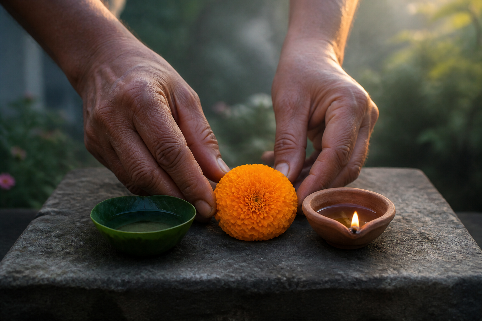 Weathered hands place a marigold beside a small cup of water and a clay lamp on a plain stone altar.