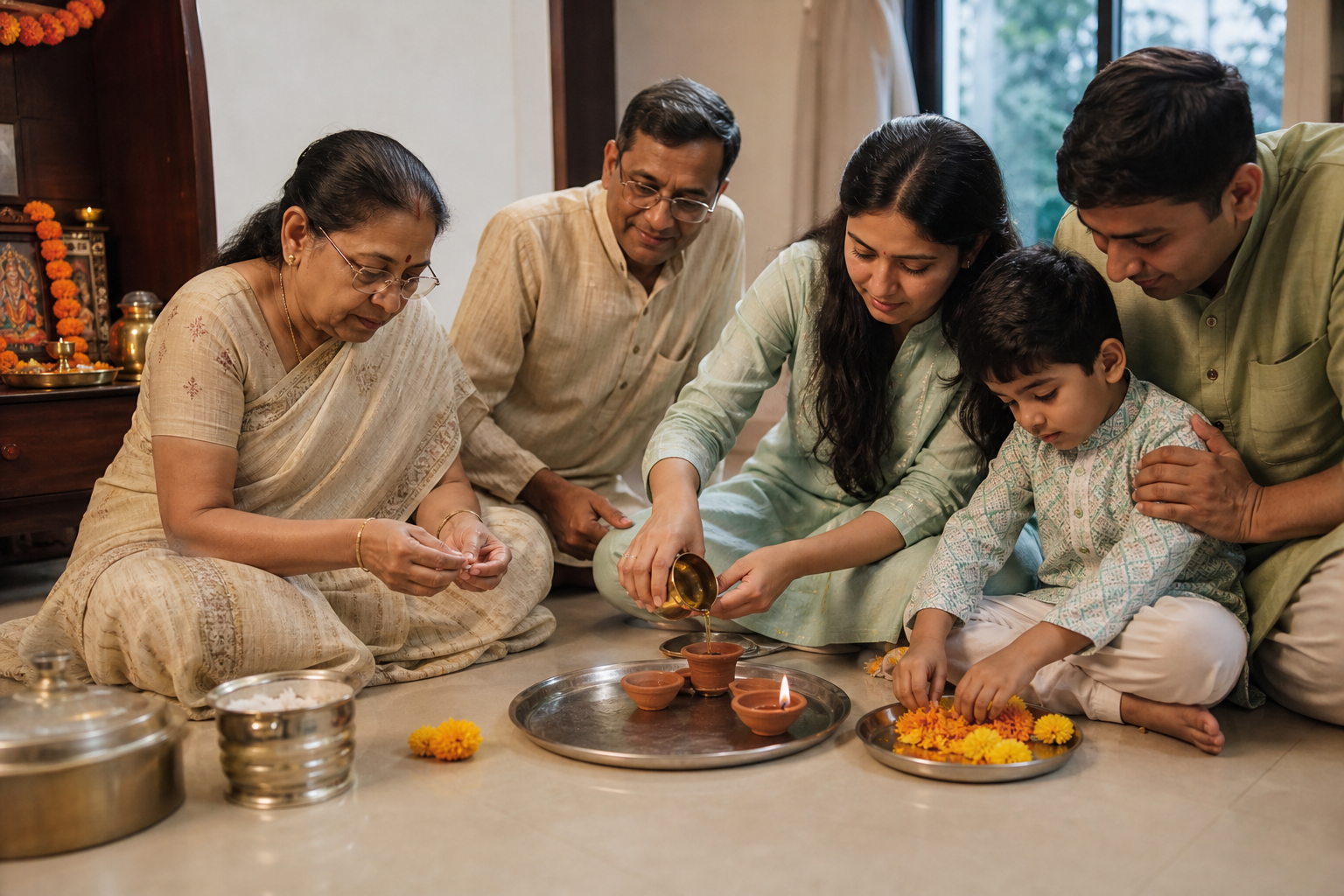 A family prepares cotton wicks, fills a small number of clay lamps, and arranges flowers together at home.
