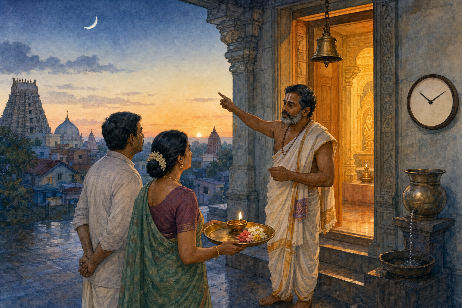 A temple priest consults with two household organizers at dawn beside a diya, bell, unnumbered clock, and fading moon.