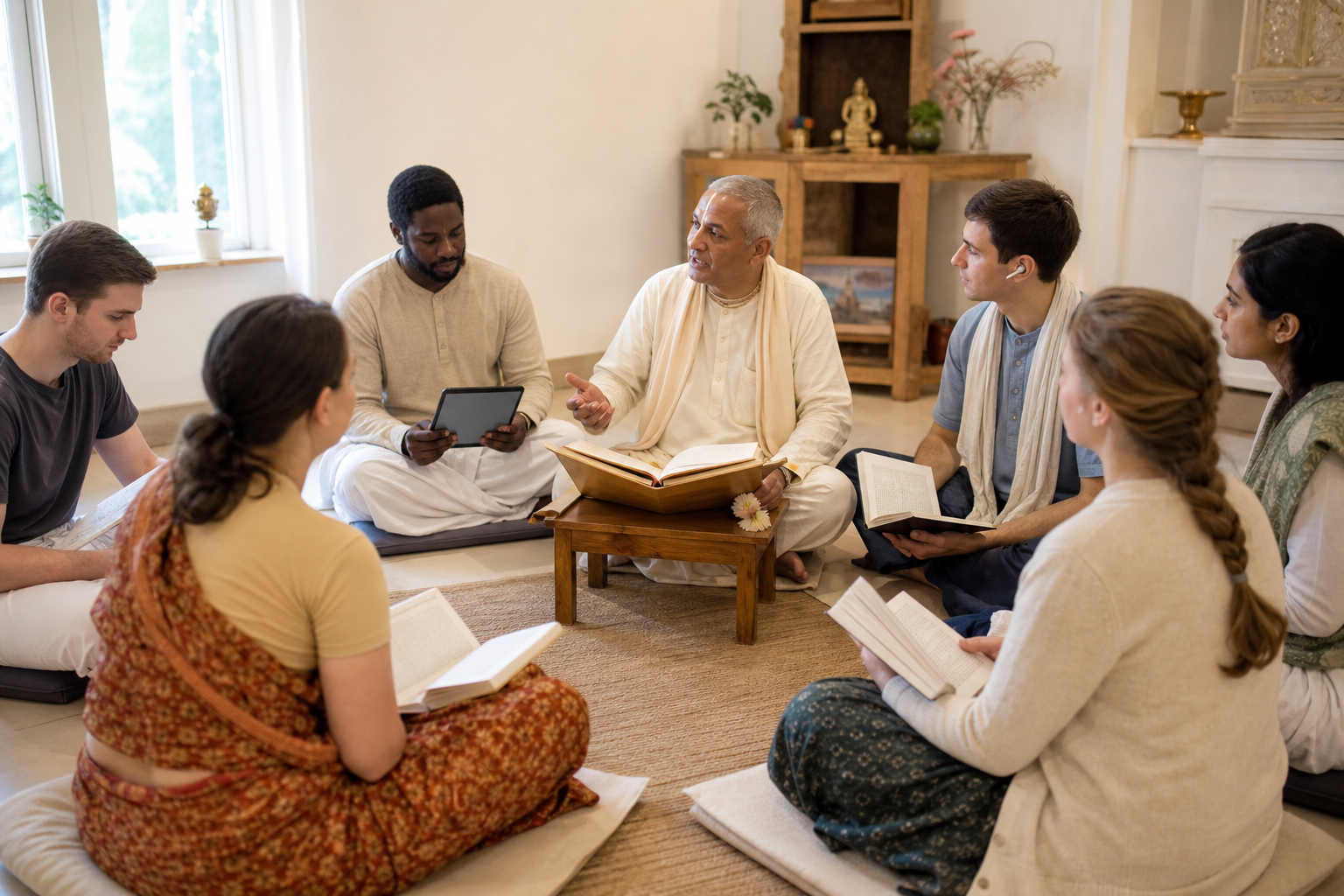 A temple teacher leads a small study circle in which adults use books, a tablet, and audio to follow the same lesson.