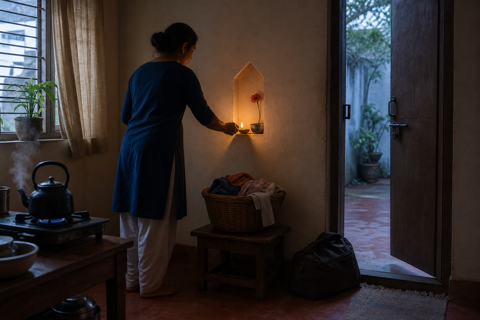 A person lights a small clay lamp in a modest home beside a kettle, laundry basket, and work bag.