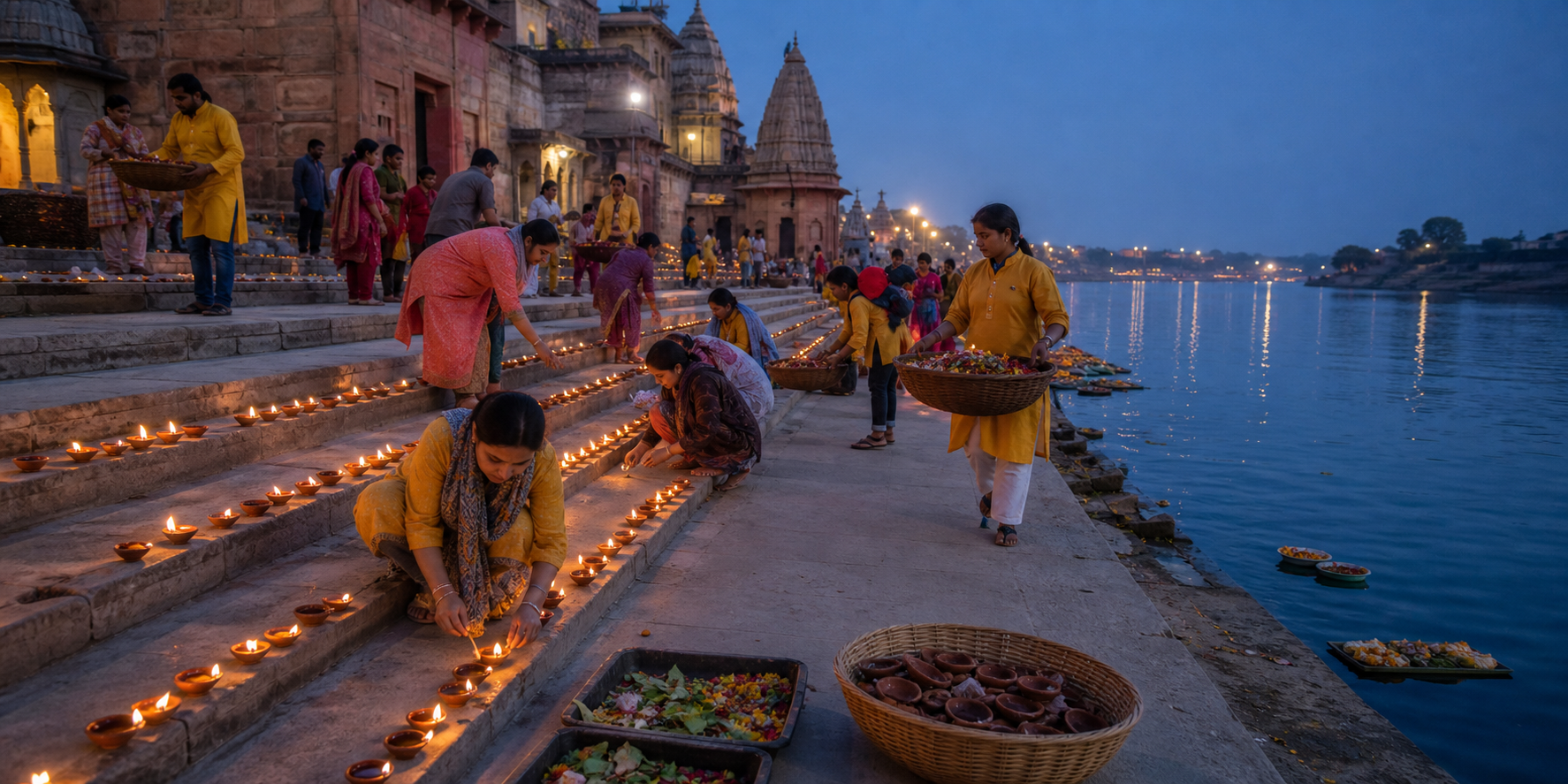 Worshippers and volunteers arrange lamps on riverside steps while collecting spent offerings in separate baskets away from the water.