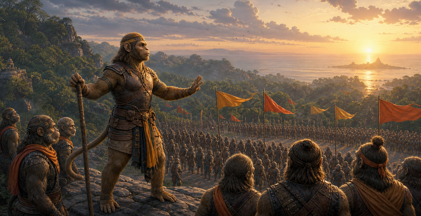 Panasa, depicted as a Vanara general, calmly surveys organized ranks of forest warriors from a stone ridge at sunrise.