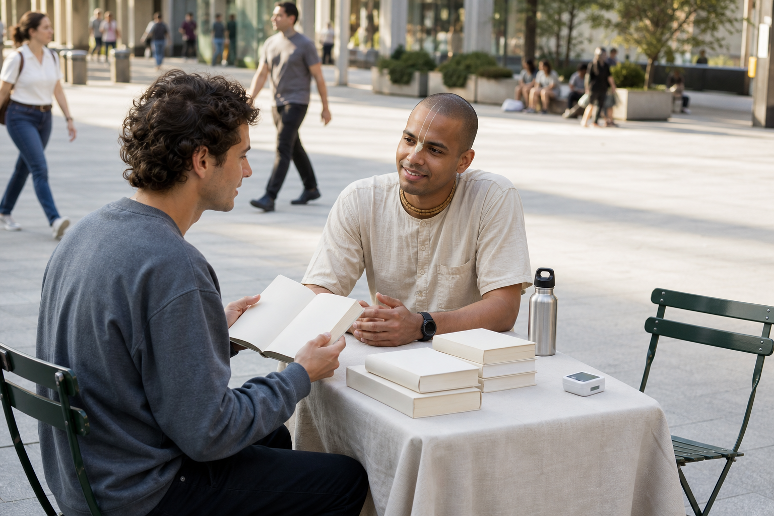 A devotee listens to a passerby at a simple outdoor book table with an unobtrusive contactless payment device.