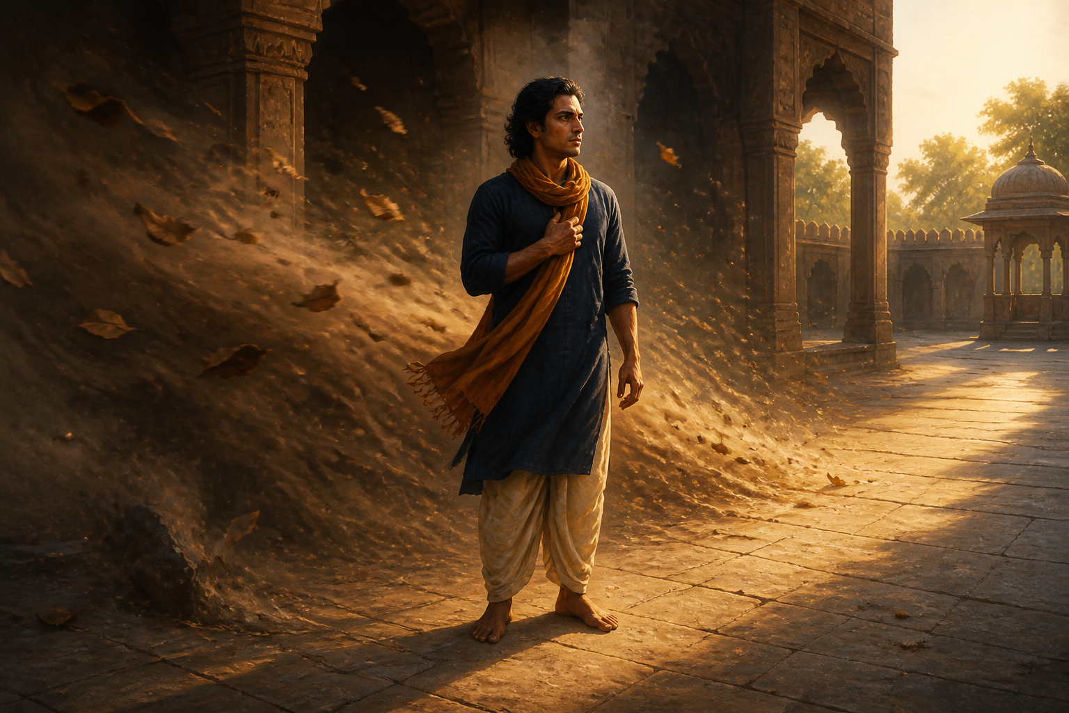 A composed person stands in a dawn-lit stone courtyard as wind and leaves swirl on one side and a clear path opens on the other.