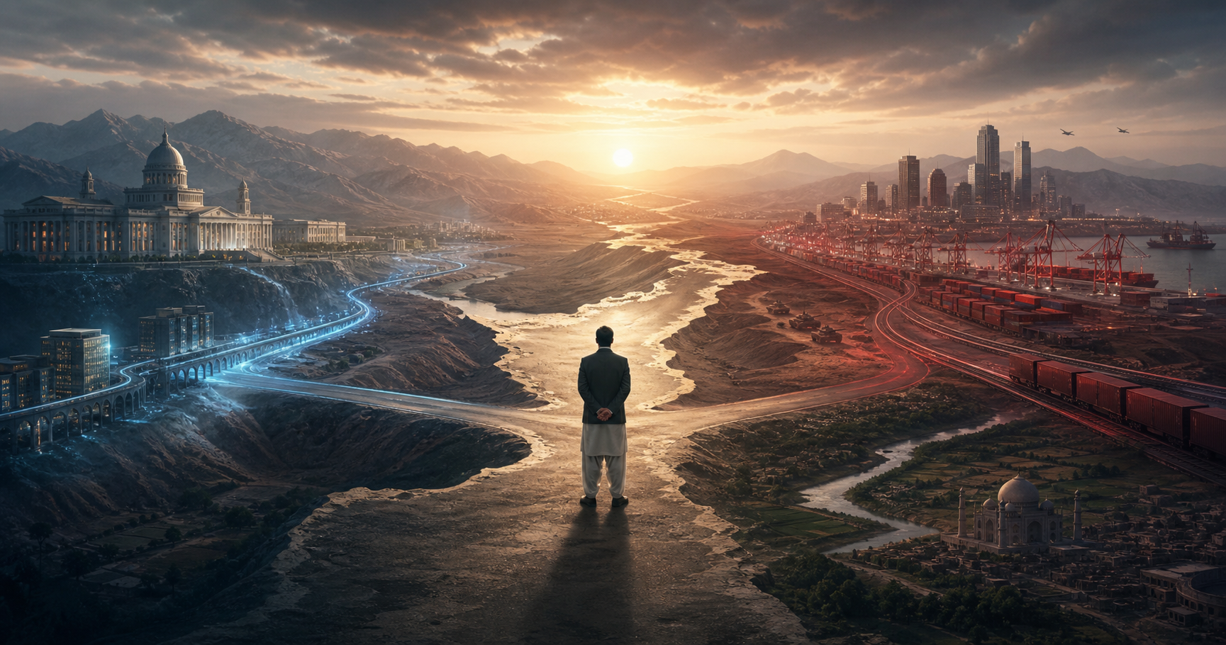 A Pakistani diplomatic figure stands at an uneven crossroads between Western financial institutions and Chinese military and infrastructure links, with South Asia in the foreground.