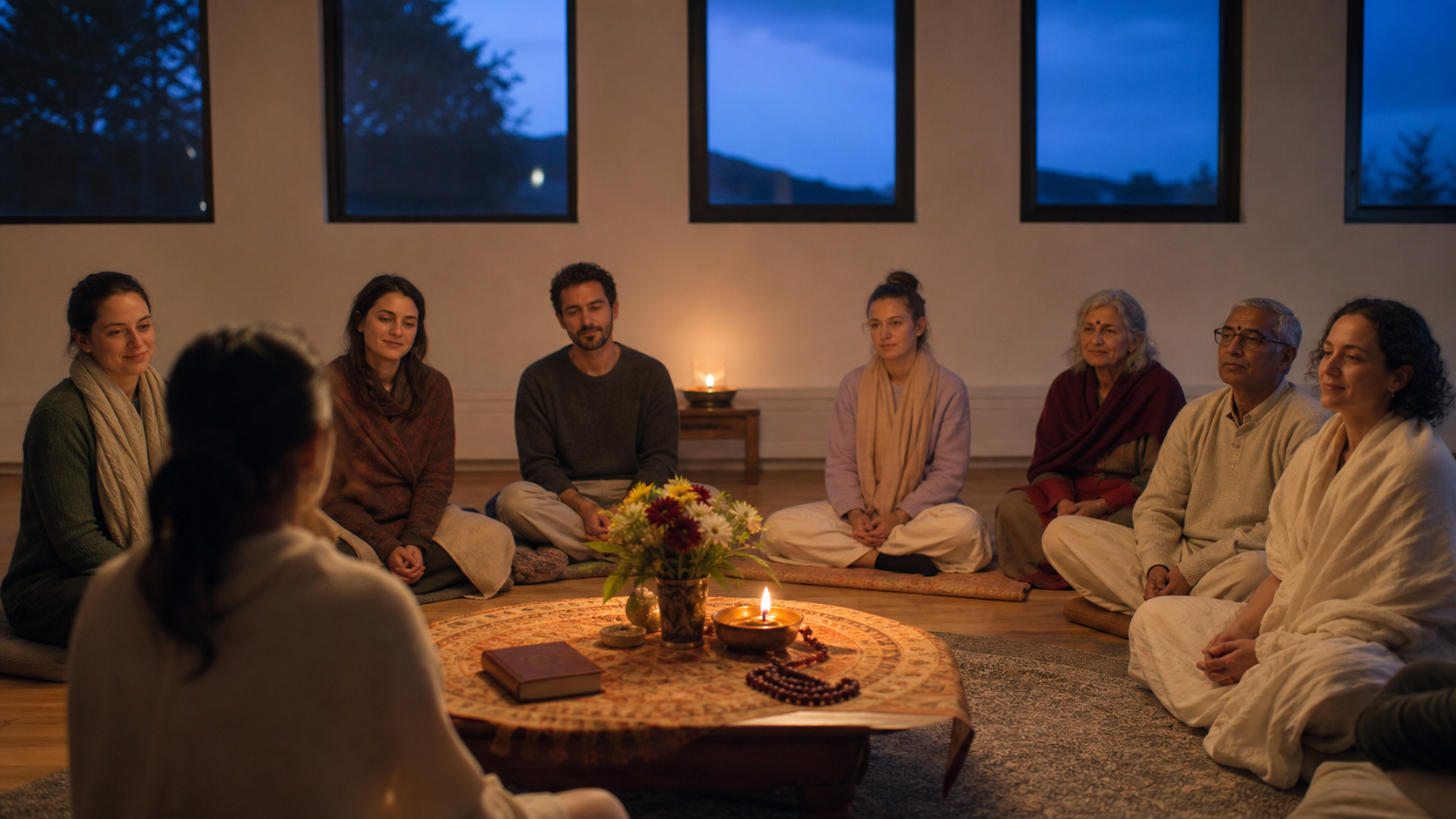 A small group sits in a semicircle around flowers, prayer beads and a glowing oil lamp during an evening devotional gathering.