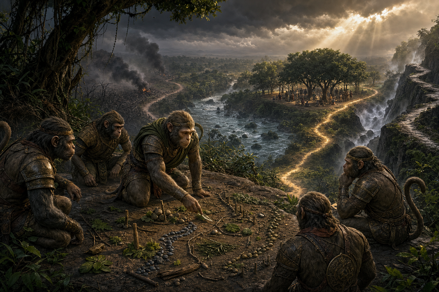 Panasa and several Vanara commanders consider possible routes through a forest while a safe destination remains visible beyond a river.