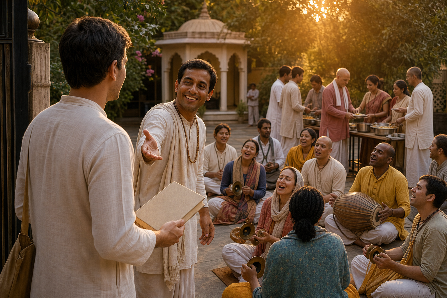 A visitor carrying a spiritual book is welcomed into a temple courtyard where devotees sing together and serve a communal meal.