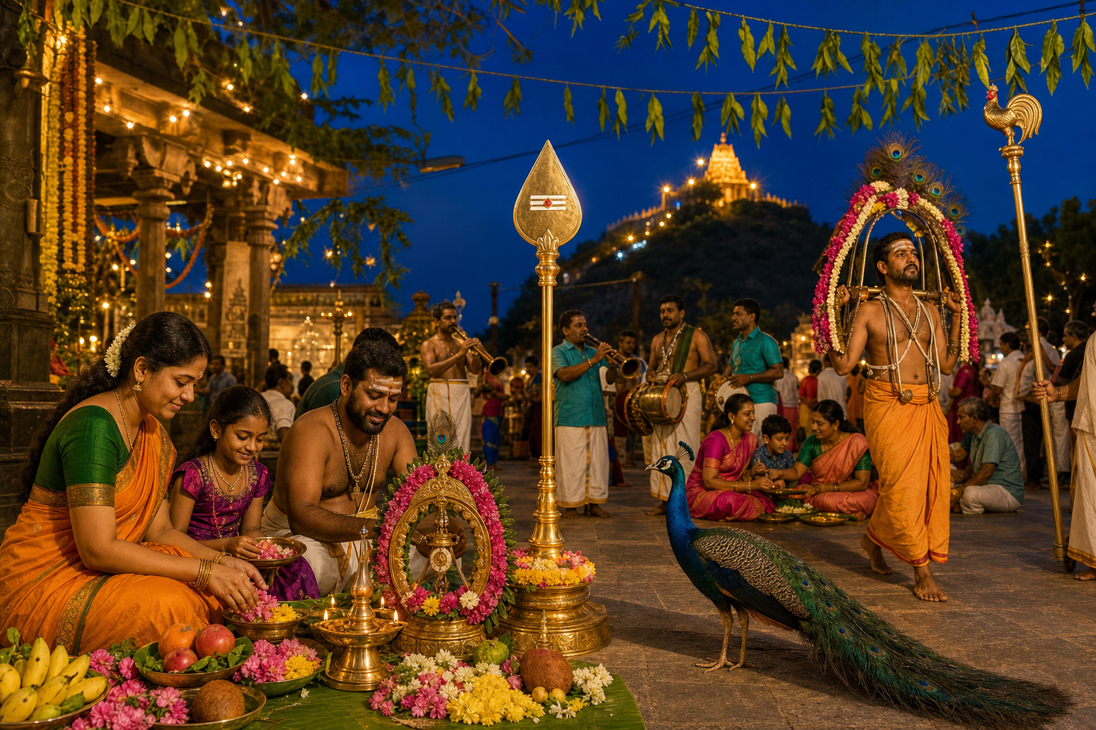 Devotees gather around a vel with flower and fruit offerings, kavadi bearers, musicians, a peacock, and an illuminated hill temple.