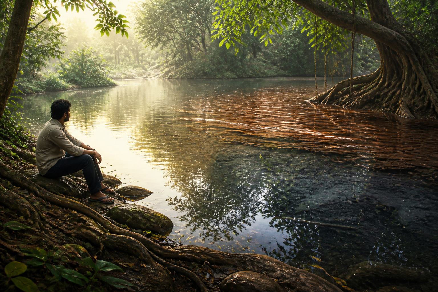 A seated person observes bright, rippling, and dark areas of a forest pond from the bank.