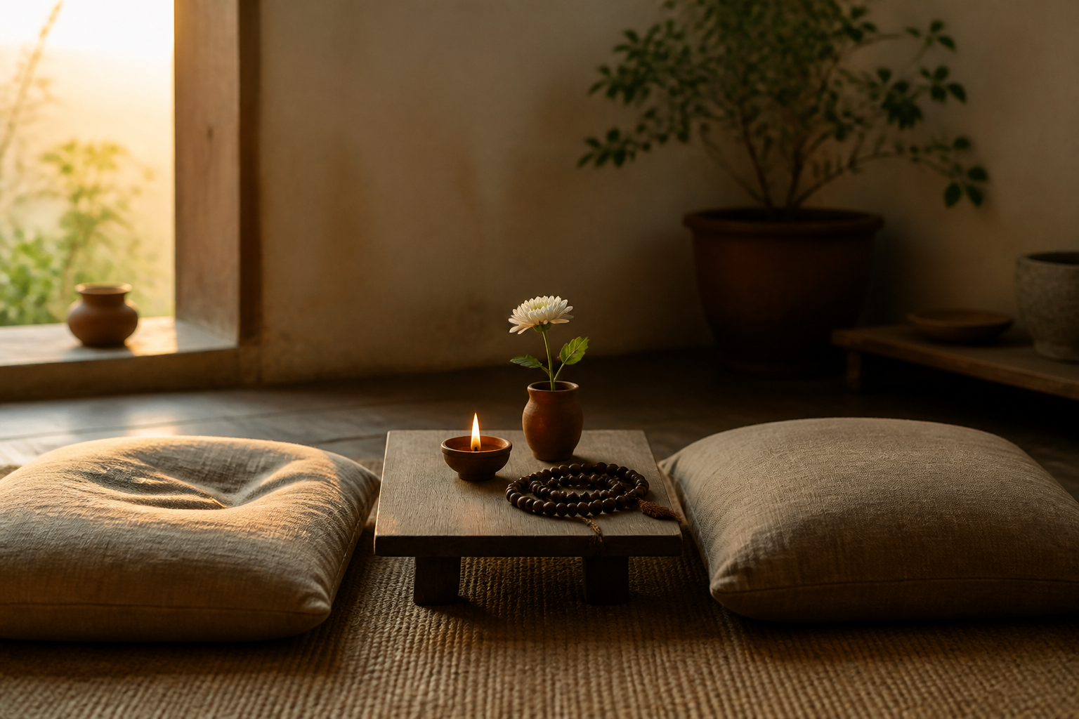 Two floor cushions face a low table holding an oil lamp, a flower and prayer beads in a softly lit home shrine.