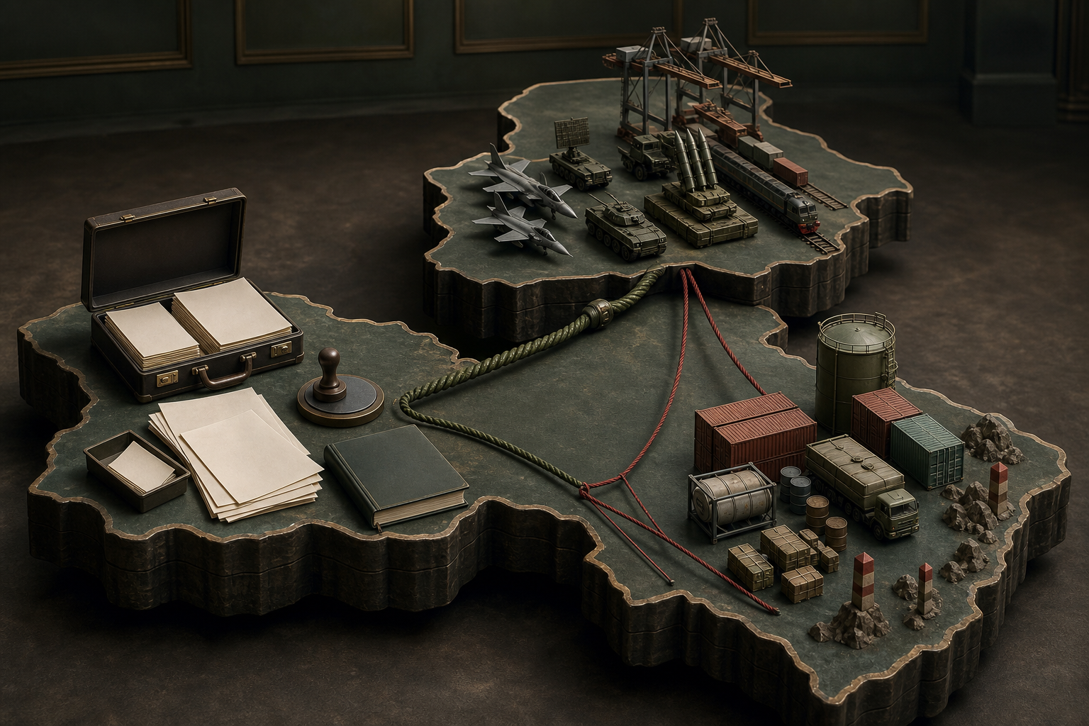 A Pakistan-shaped strategy table displays separate clusters of financial support, military equipment, trade cargo and transport infrastructure connected by cords of unequal thickness.