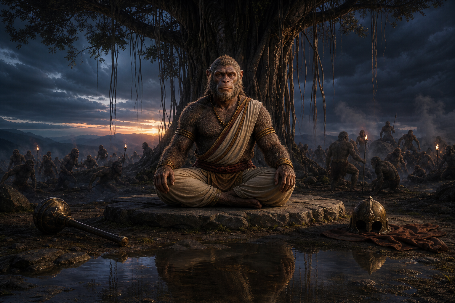 Panasa sits calmly beneath a banyan tree before battle, with his helmet and weapons resting beside him as warriors gather in the distance.