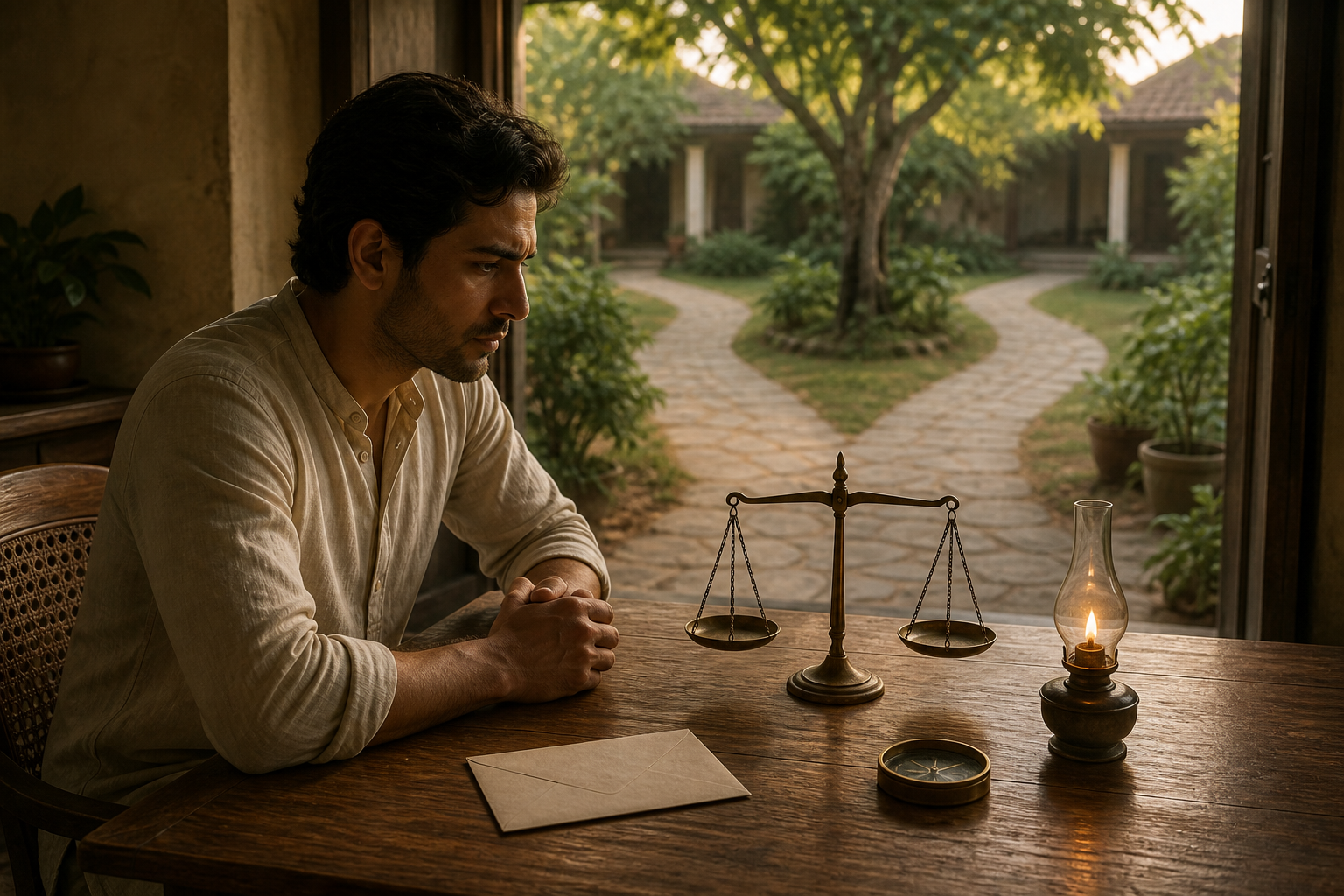 A thoughtful person sits before a balance scale, lamp, compass, and sealed envelope while two paths branch beyond an open veranda.