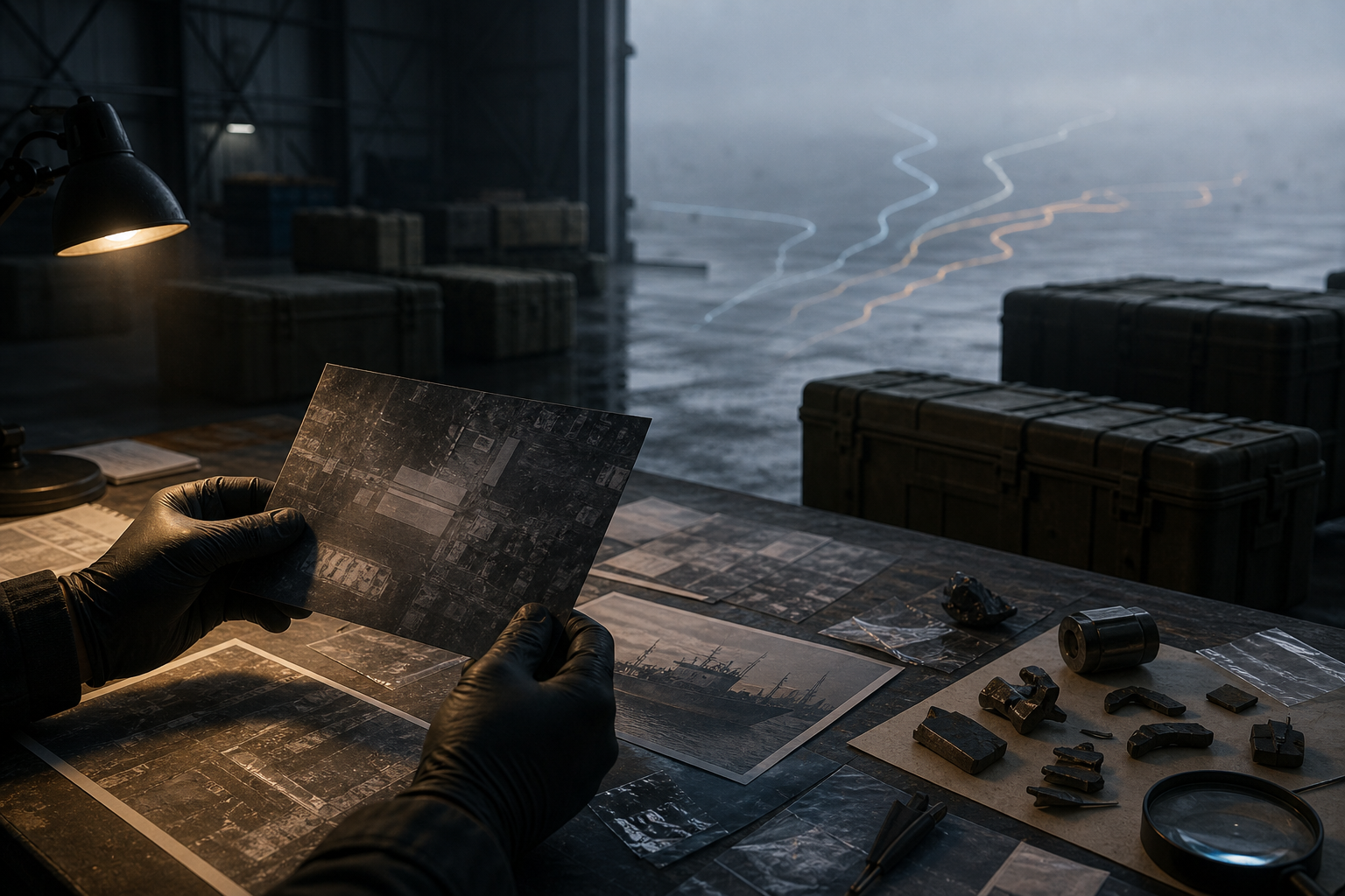 Unmarked transport crates are examined in a logistics hangar as several possible route lines disappear into fog, conveying an allegation that remains unverified.