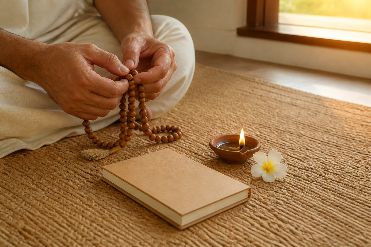 A devotee's hands hold wooden prayer beads beside an oil lamp and a flower on a woven mat at sunrise.
