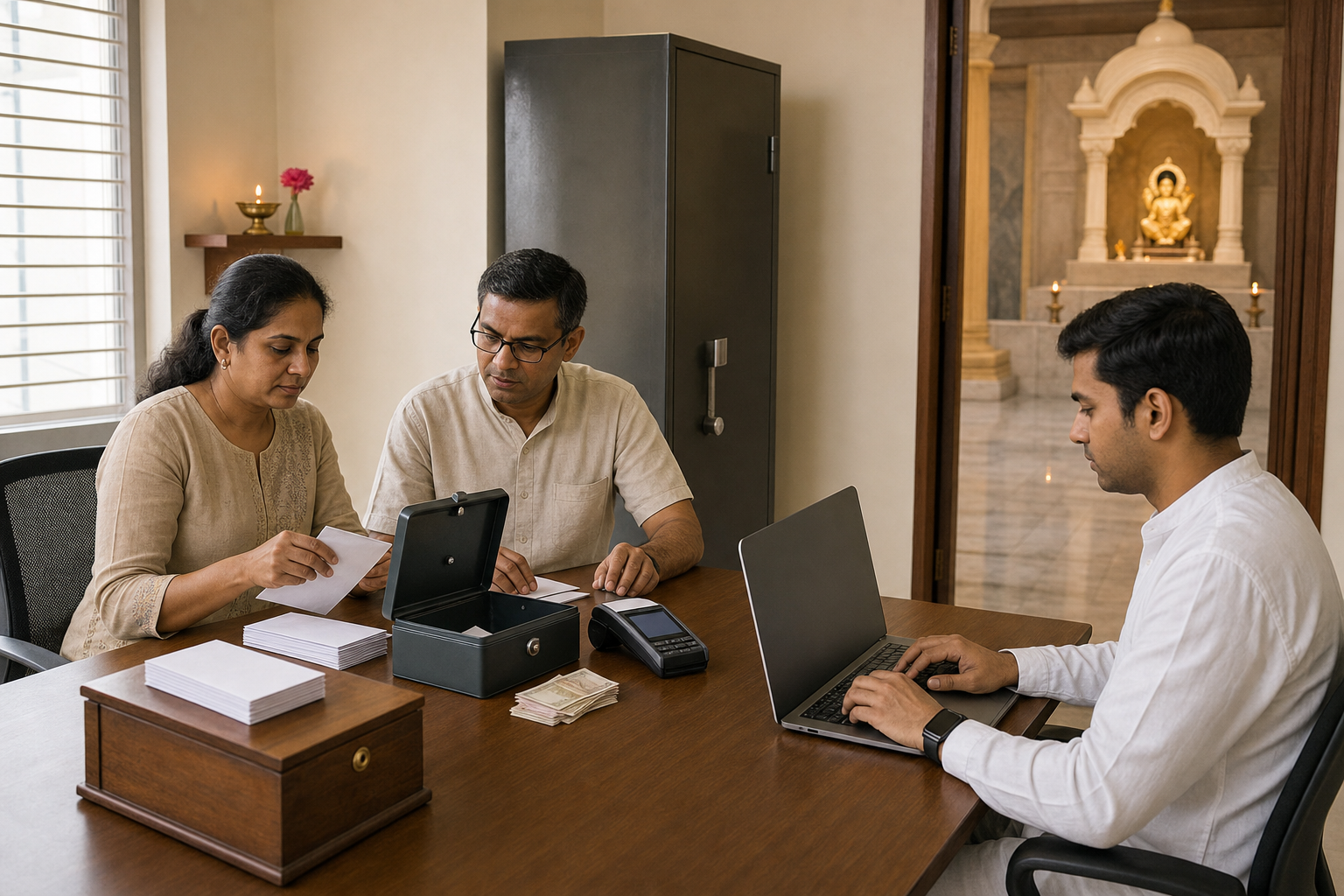 Three temple volunteers jointly reconcile donations and digital payments in an orderly office with records secured in separate storage.