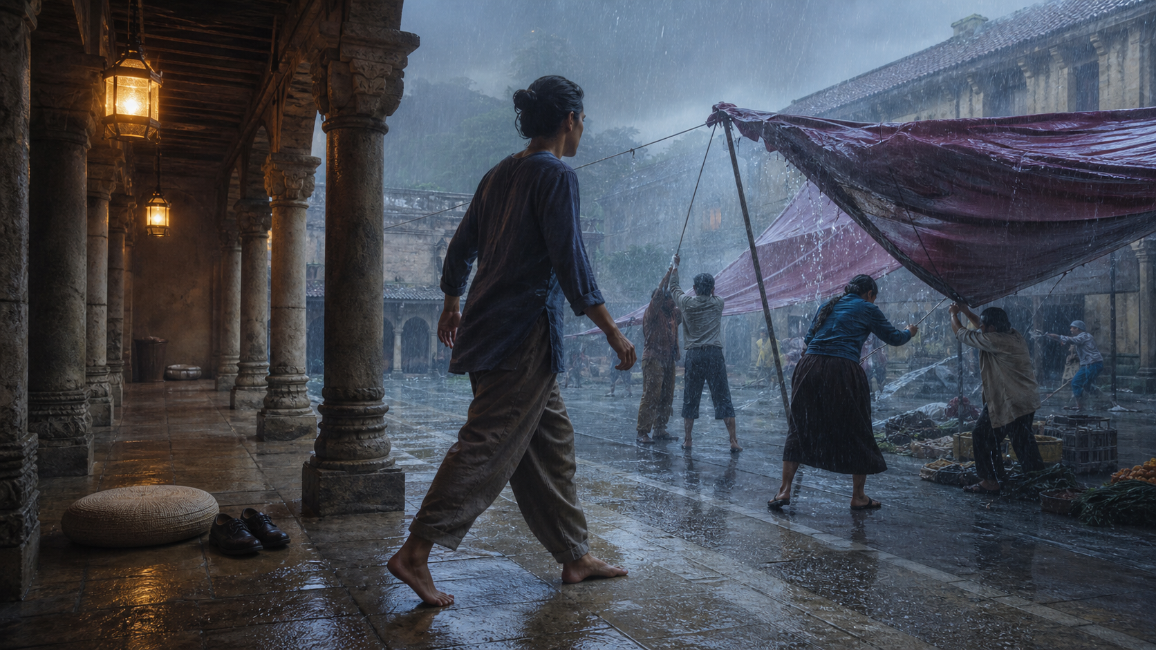 A calm person steps into heavy rain to help others secure a windblown canopy beside a sheltered meditation cushion.
