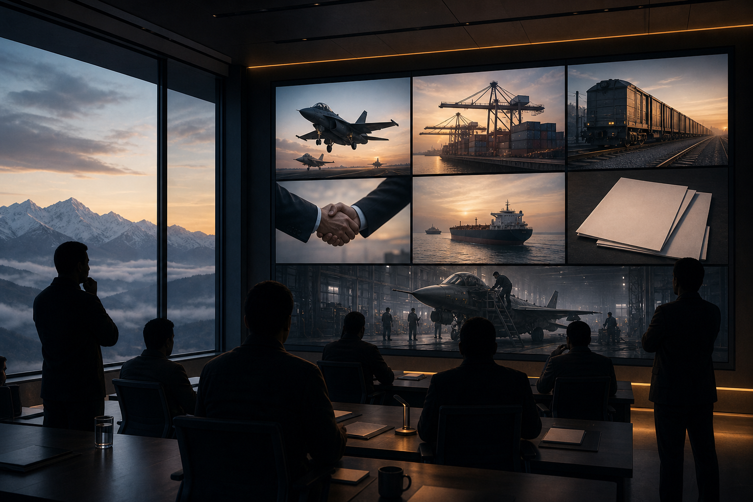 Indian policy analysts observe symbolic images of aircraft, ports, freight, financing and diplomacy in a situation room overlooking a South Asian horizon.