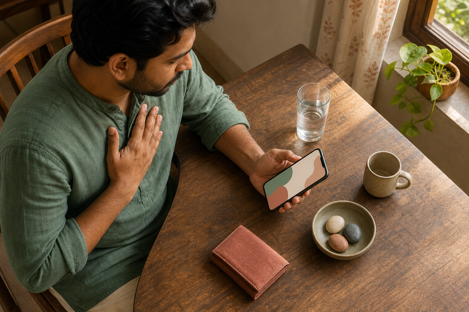 A person pauses at a wooden table with a phone, water, smooth stones, and a closed wallet arranged as parts of a reflective household practice.
