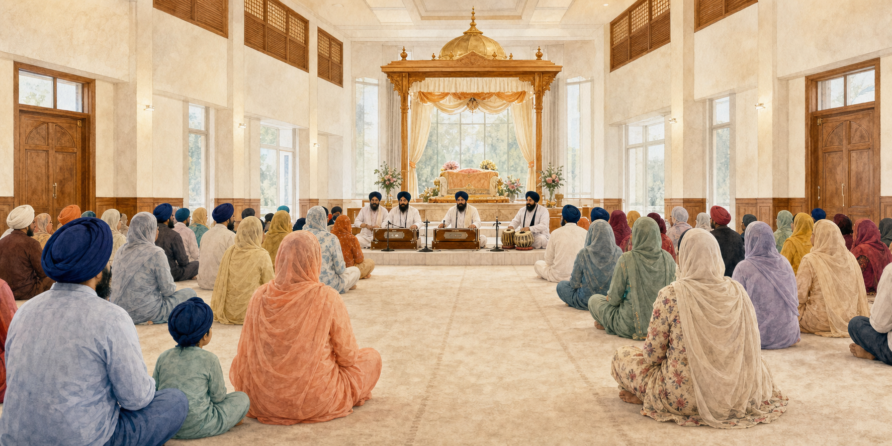 Sikh musicians play harmonium and tabla while a congregation with covered heads sits on the carpet in a gurdwara prayer hall.