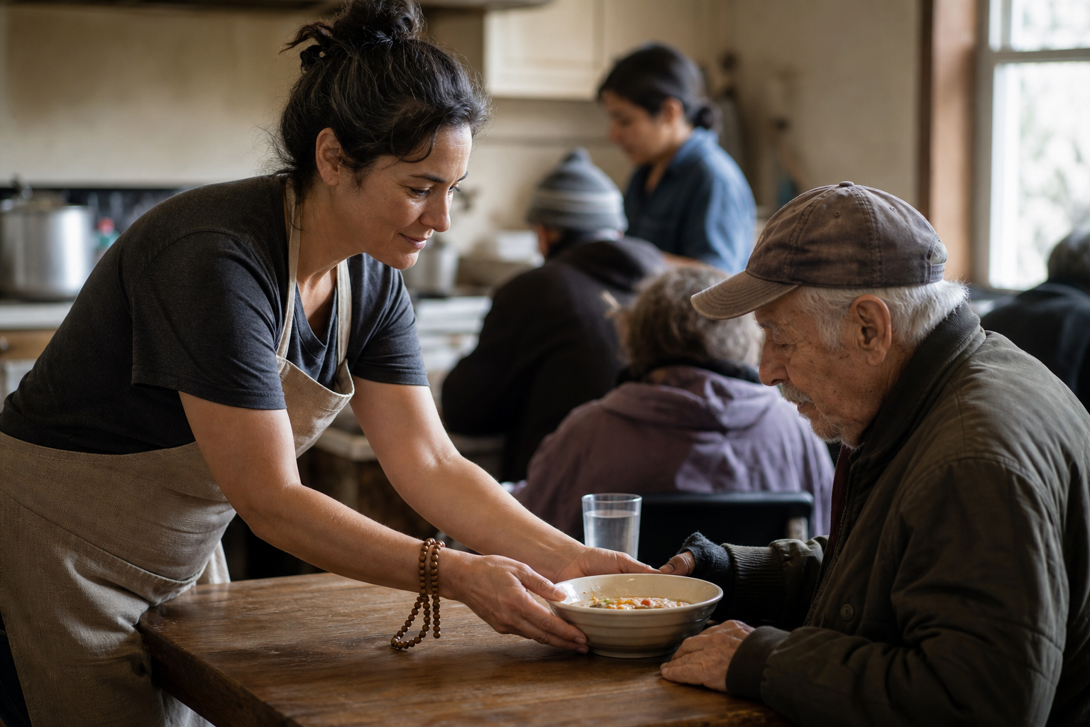 A volunteer wearing prayer beads serves a bowl of food to an older guest at a community table.