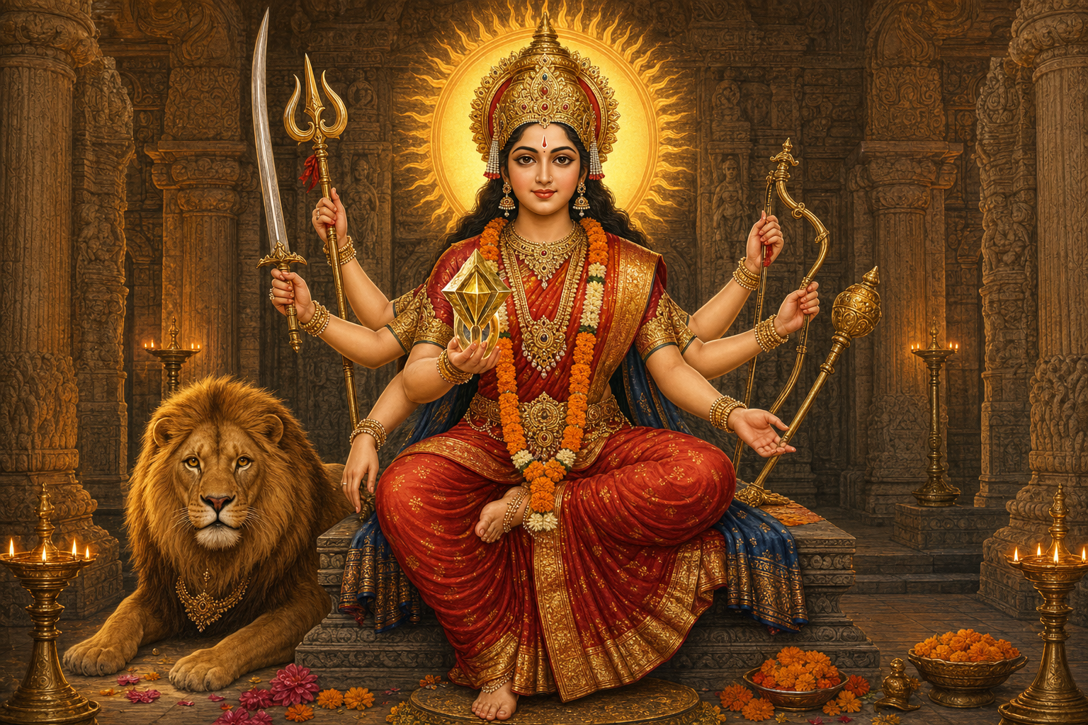 Goddess Vajreshwari sits in a lamp-lit temple sanctum with a vajra, protective weapons, blessing gestures, a golden halo and a lion beside her pedestal.