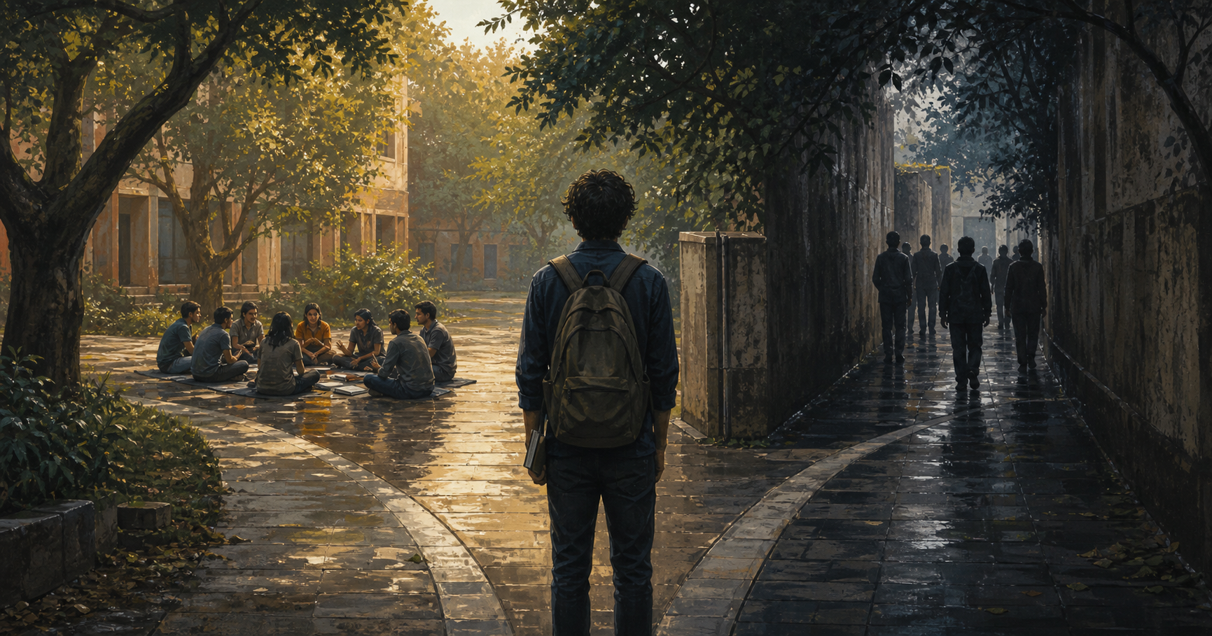 A student pauses at a fork in a university walkway, with an open discussion circle on the bright path and an enclosed group of silhouettes on the darker path.