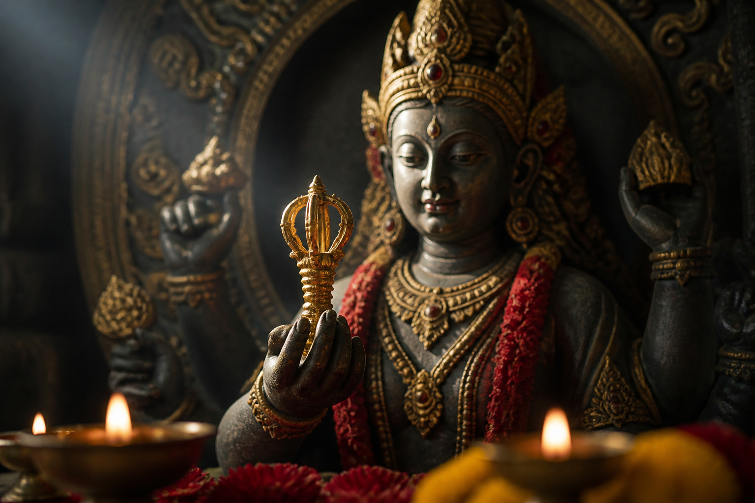 A close view of a Vajreshwari murti holding a vajra, with her calm face, crown, other arms, oil lamps and flowers visible behind it.