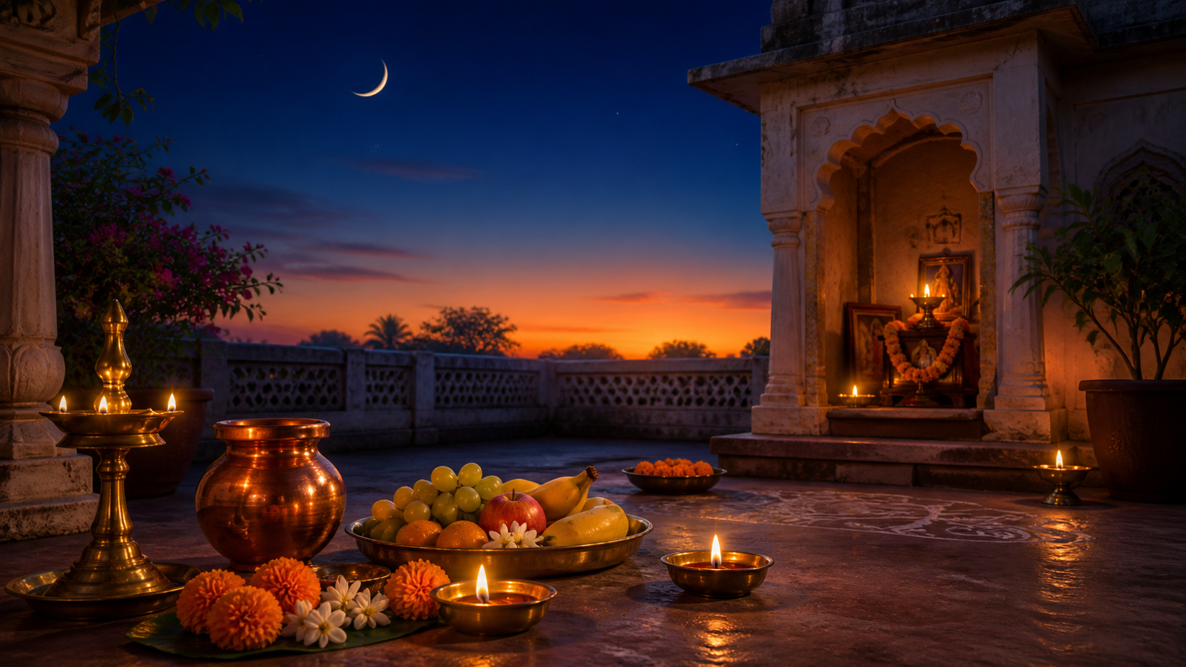 A waxing moon hangs over a pre-dawn Indian courtyard with oil lamps, flowers, fruit, and a copper vessel arranged for worship.