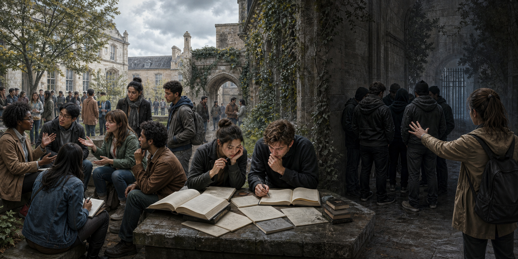 A university courtyard shows an open student debate, a pair critically studying political ideas, and a closed group turning away from an offered hand.