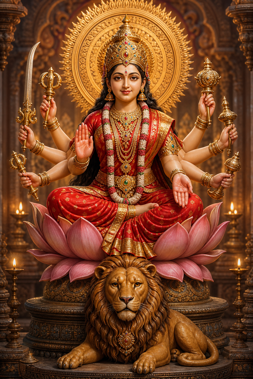 A full Vajreshwari murti displays a vajra, protective implements, blessing gestures, a solar halo, red and gold garments, a lotus pedestal and a lion vahana.
