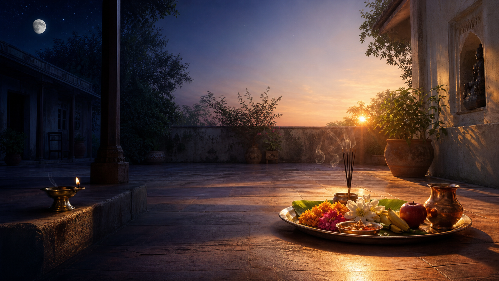 One Indian courtyard is shown transitioning from moonlit night to sunrise beside a prepared worship tray.