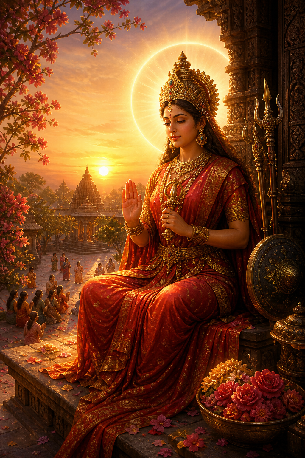 Vajreshwari sits at a temple threshold at sunrise, holding a vajra as golden light forms a halo and falls across the courtyard and devotees.