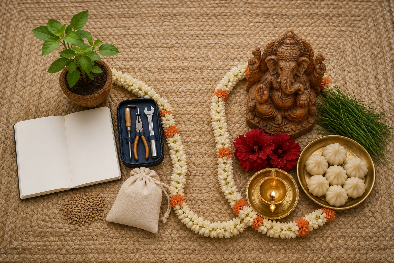 Two connected arrangements show a notebook, donation pouch, seeds, and sapling beside Ganesha worship items including flowers, durva grass, sweets, and a lamp.