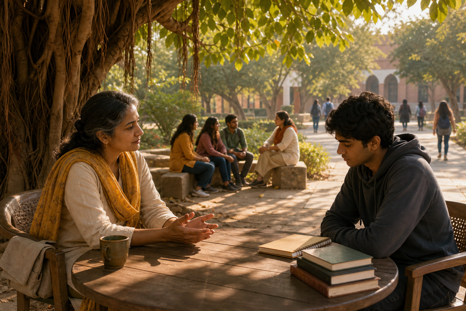 A faculty mentor listens to a withdrawn student at an outdoor campus table while a counselor and peers remain available in the background.