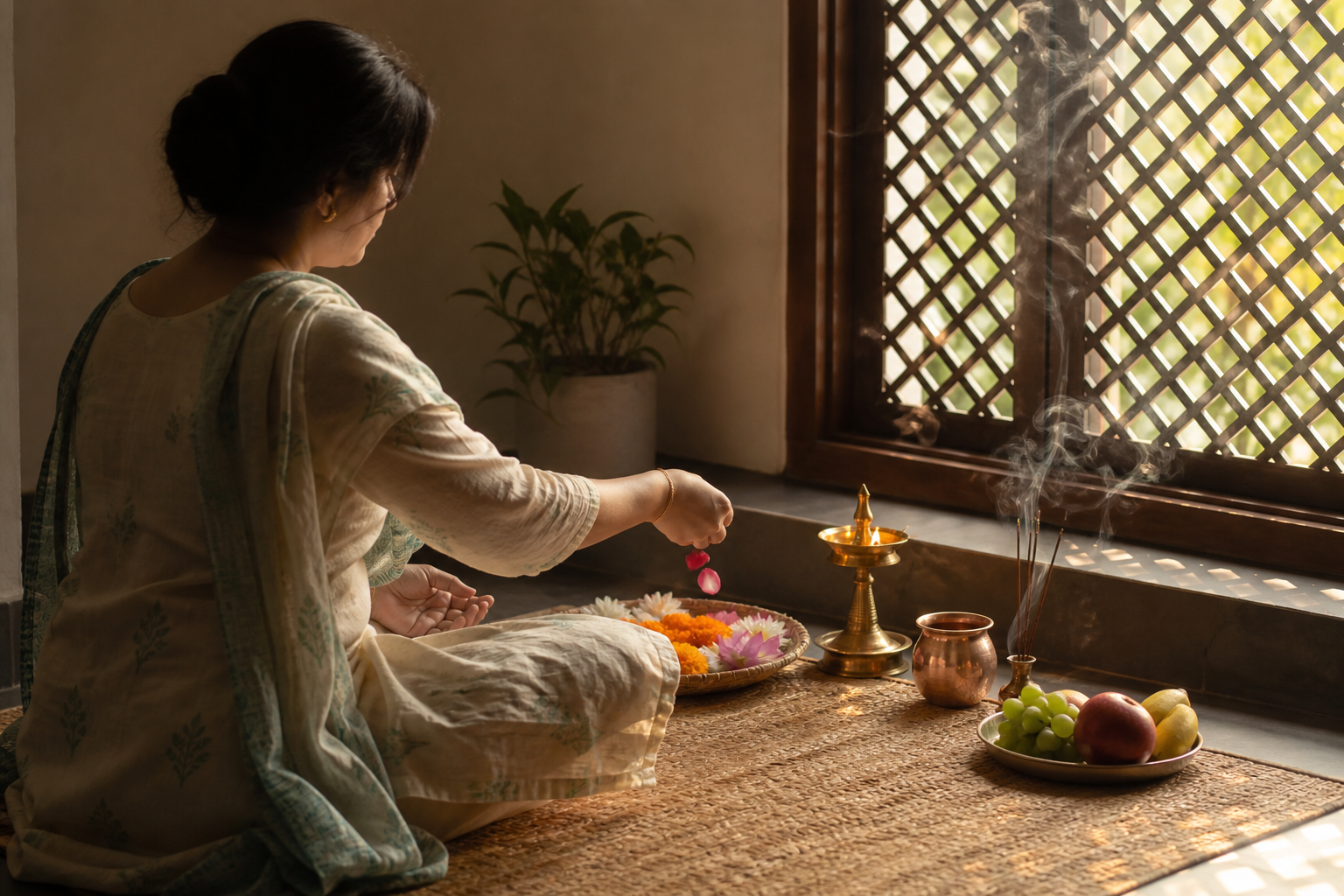A person seated on a woven mat offers flowers beside an oil lamp, water vessel, incense, and fruit in a home prayer space.