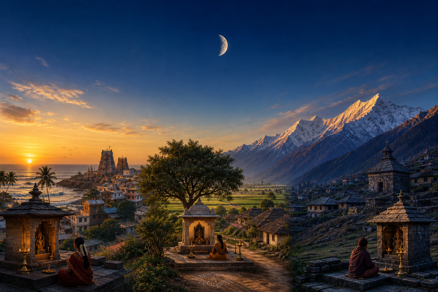 Coastal, mountain, and plains settings in India appear under the same waxing moon with different sunrise angles.