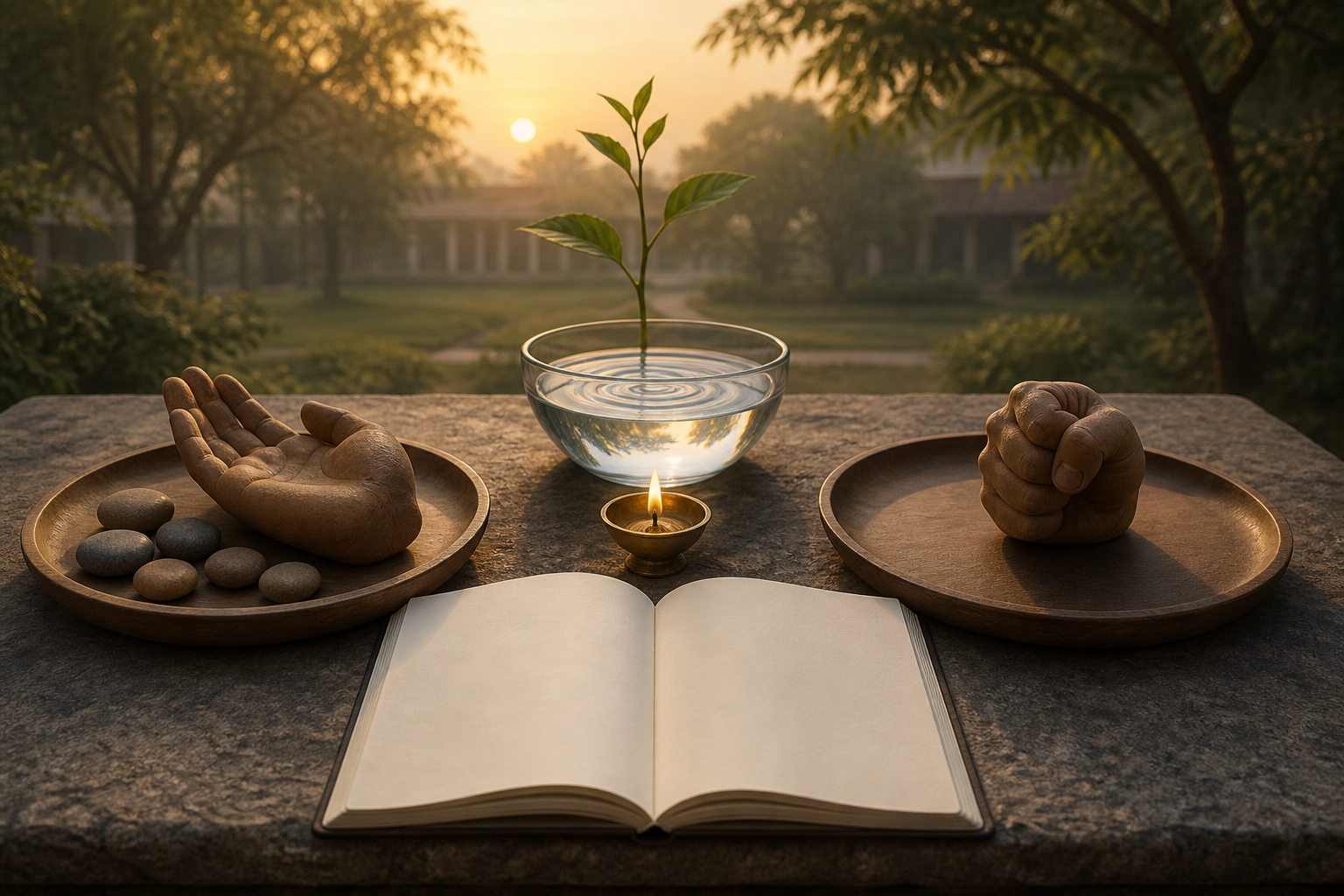 An open notebook, oil lamp, bowl of water, green shoot, balanced trays, and contrasting open and clenched clay hands sit on a stone table.