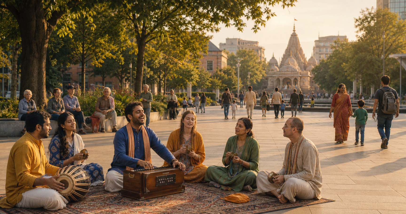 Hindu musicians lead an outdoor mantra gathering in a public square while a diverse group listens and pedestrians pass along an open walkway.