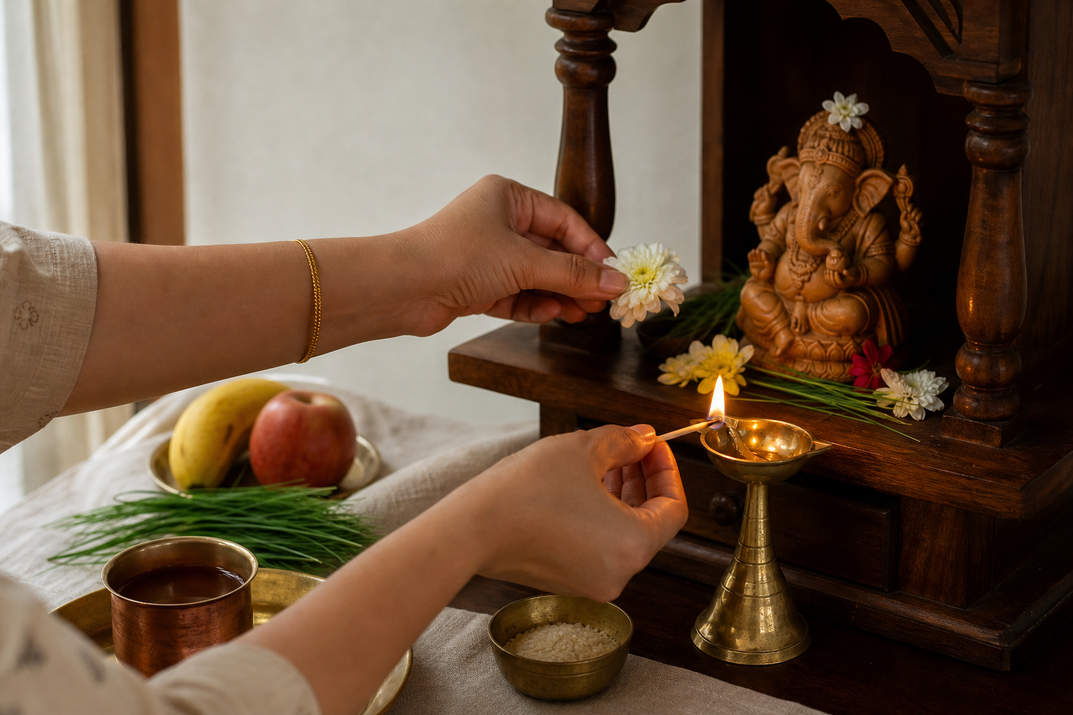 A person's hands light a brass lamp and offer a flower at a small home Ganesha shrine with water, fruit, grains, and durva grass.