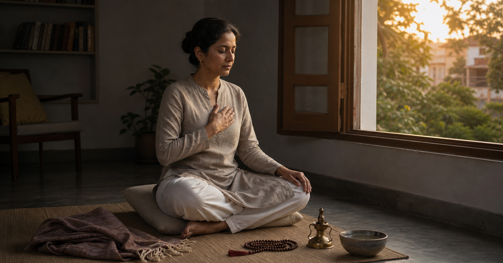 An adult sits calmly on a floor cushion by a sunlit window with prayer beads, a brass lamp, and a bowl of water nearby.